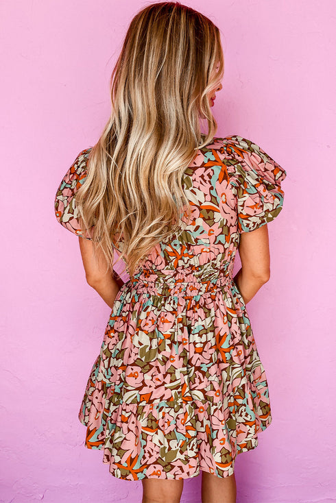 Pink Floral Print Puff Sleeve Shirred High Waist Mini Dress
